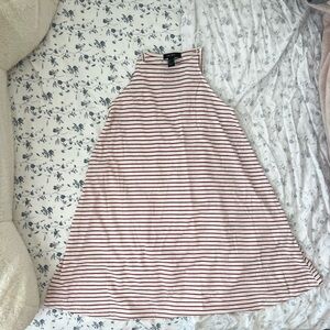 Red/peach + white stripped mini dress, high neck, white thin collar straps